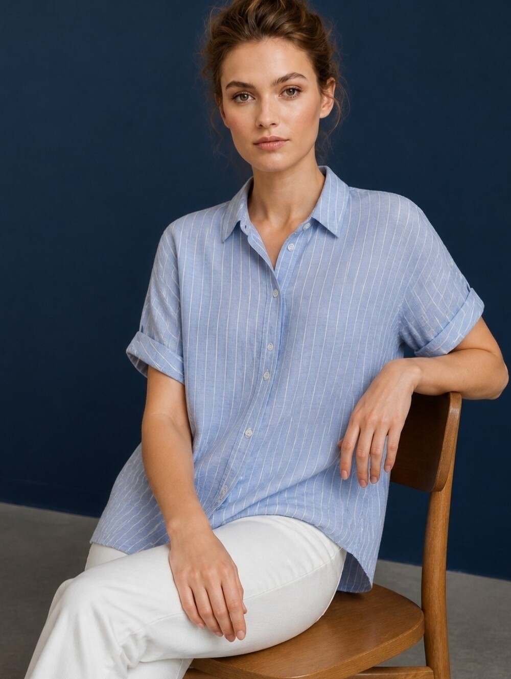JODHPUR Linen Blue White Stripe Short Dolman Sleeve Button Down EU 40 US M